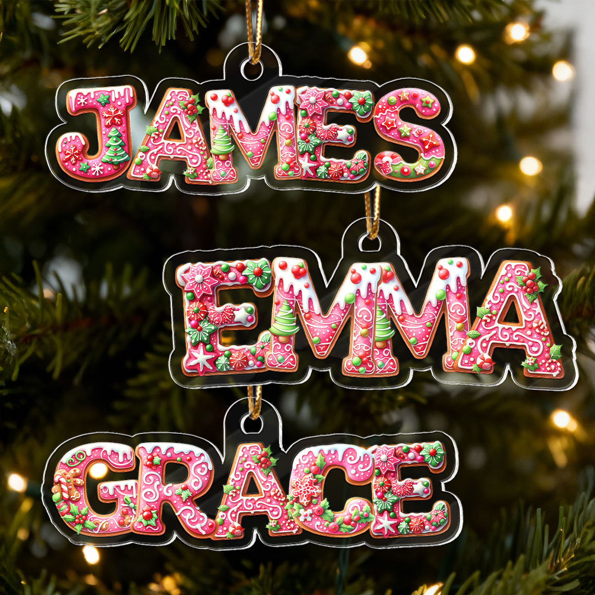 Pink Gingerbread Alphabet Custom Name - Personalized Acrylic Ornament - Christmas Tree Decor