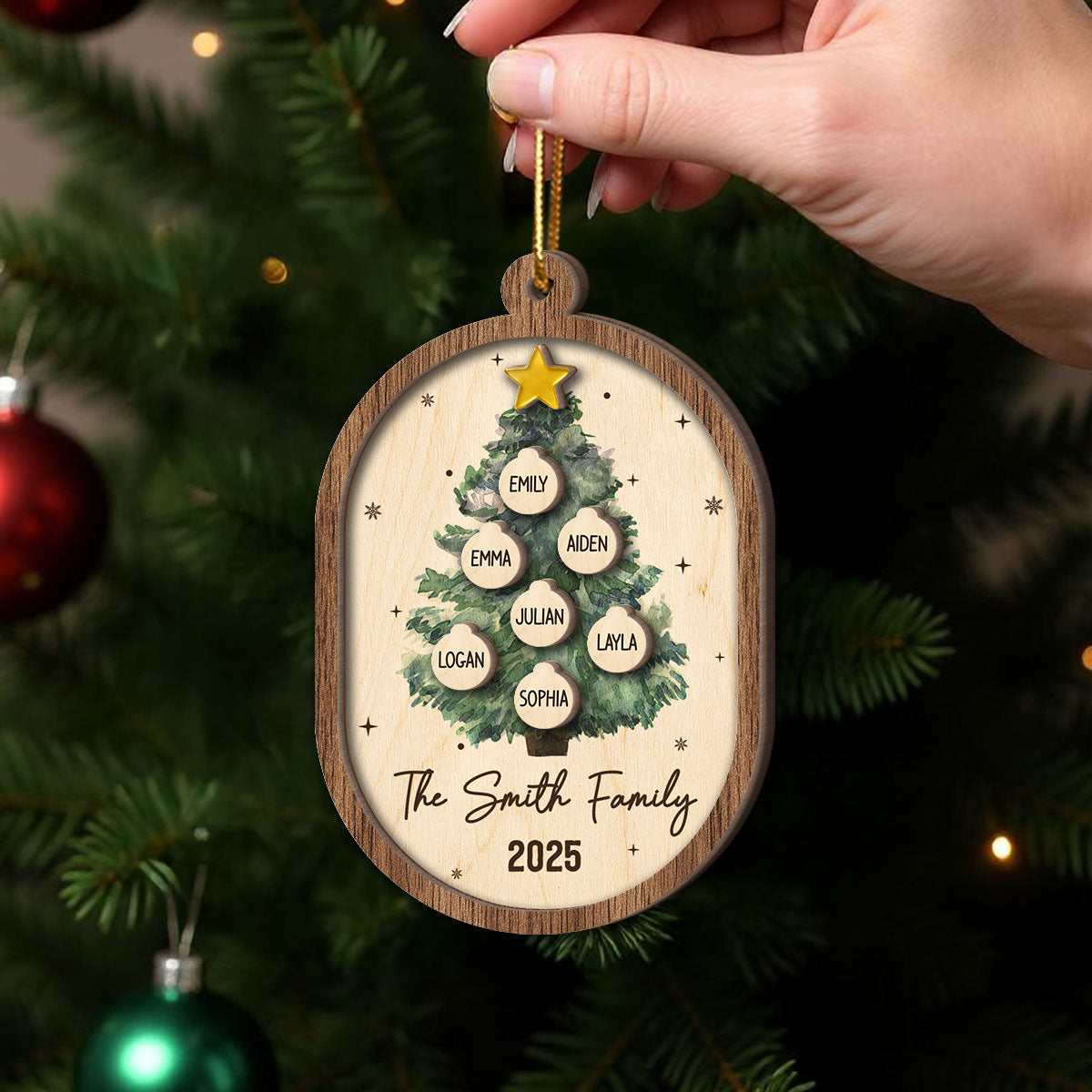 Rustic Watercolor Christmas Tree Family Names - Personalized 2-Layered Wooden Ornament