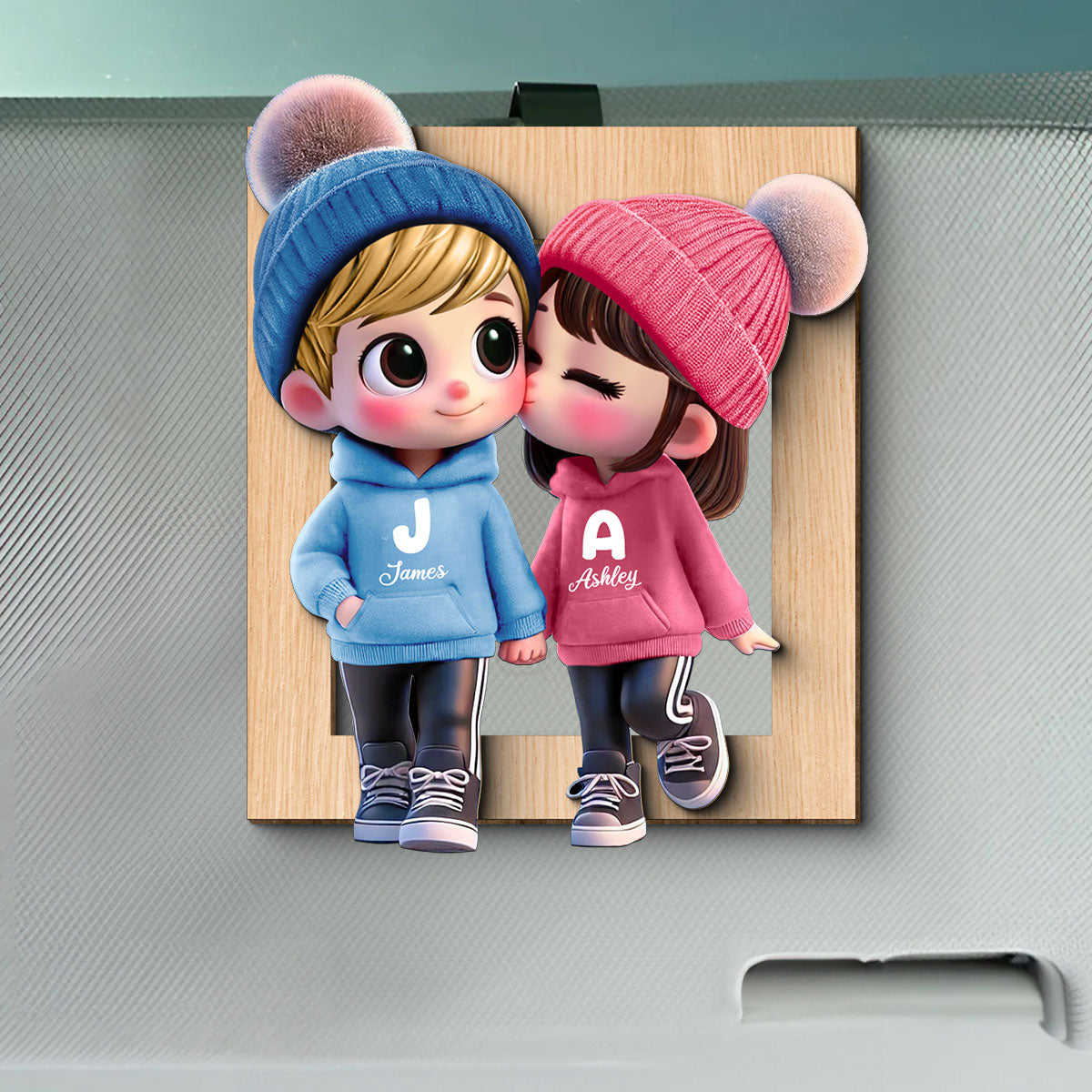 3D Effect Cute Cartoon Couple Walking Personalized Car Visor Clip, Perfect Valentine'Day Gift for him, Gift for her