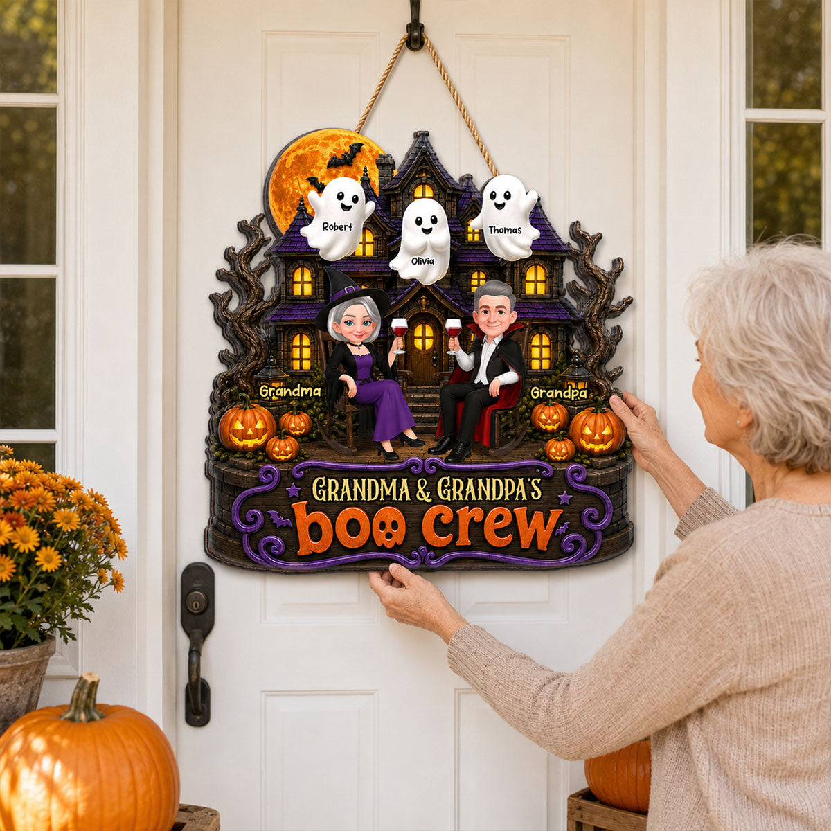 Halloween Haunted House Grandpa Grandma Boo Cew - Personalized Wood Sign - Halloween Decoration For Grandparents