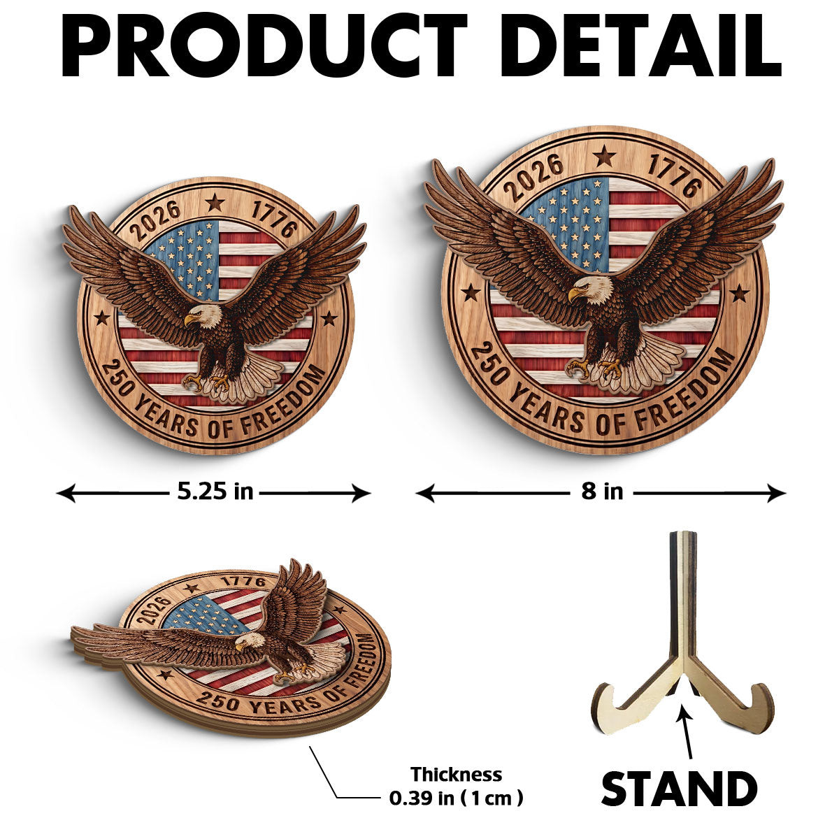 United States 250th Anniversary Eagle & American Flag - Personalized 2-Layered Wooden Plaque - America 250th Anniversary Emblem American Patriot Home Decor