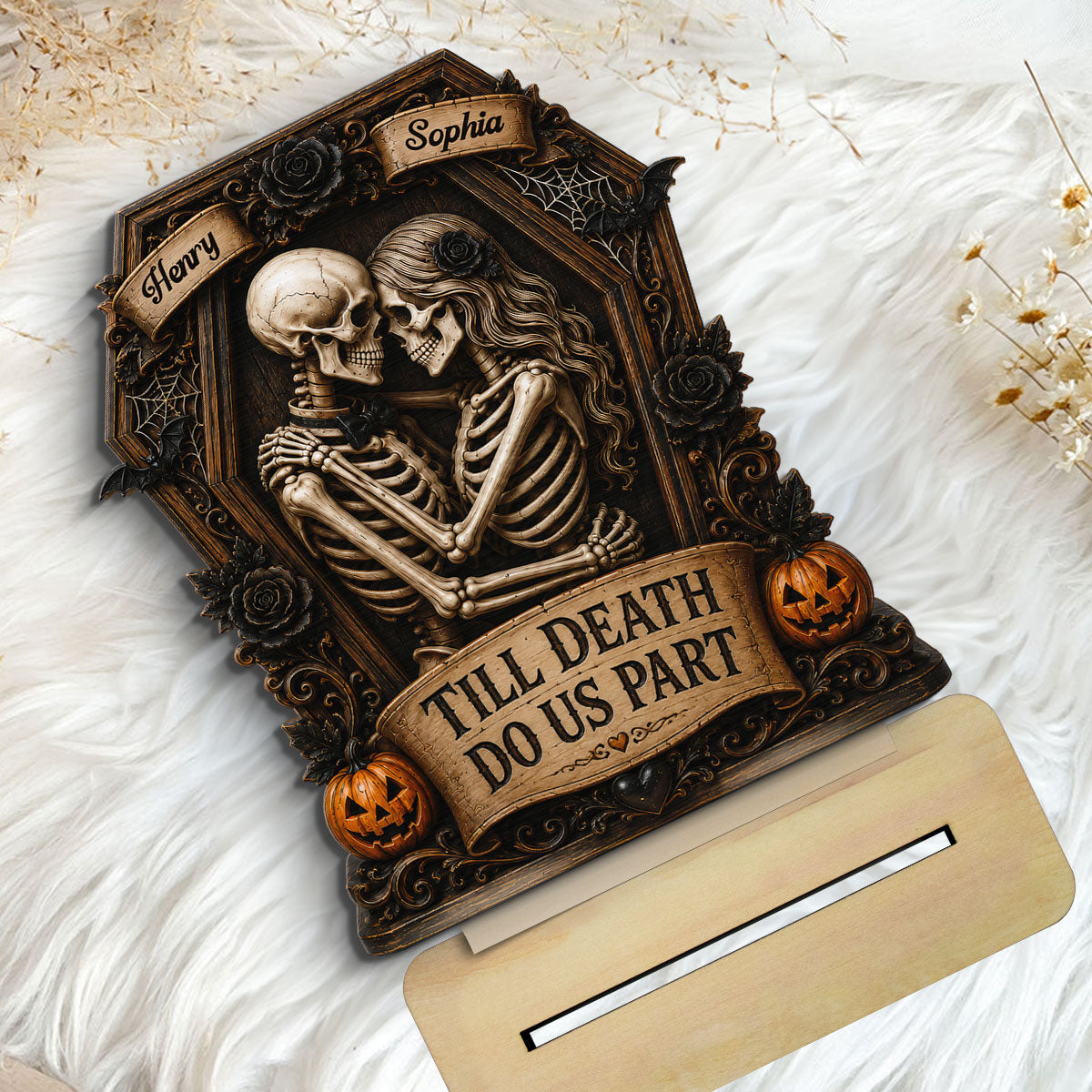 Till Death Do Us Part Skeleton Couple In Coffin 2D Flat - Personalized 2-Layered Wooden Plaque - Halloween Decor For Couple