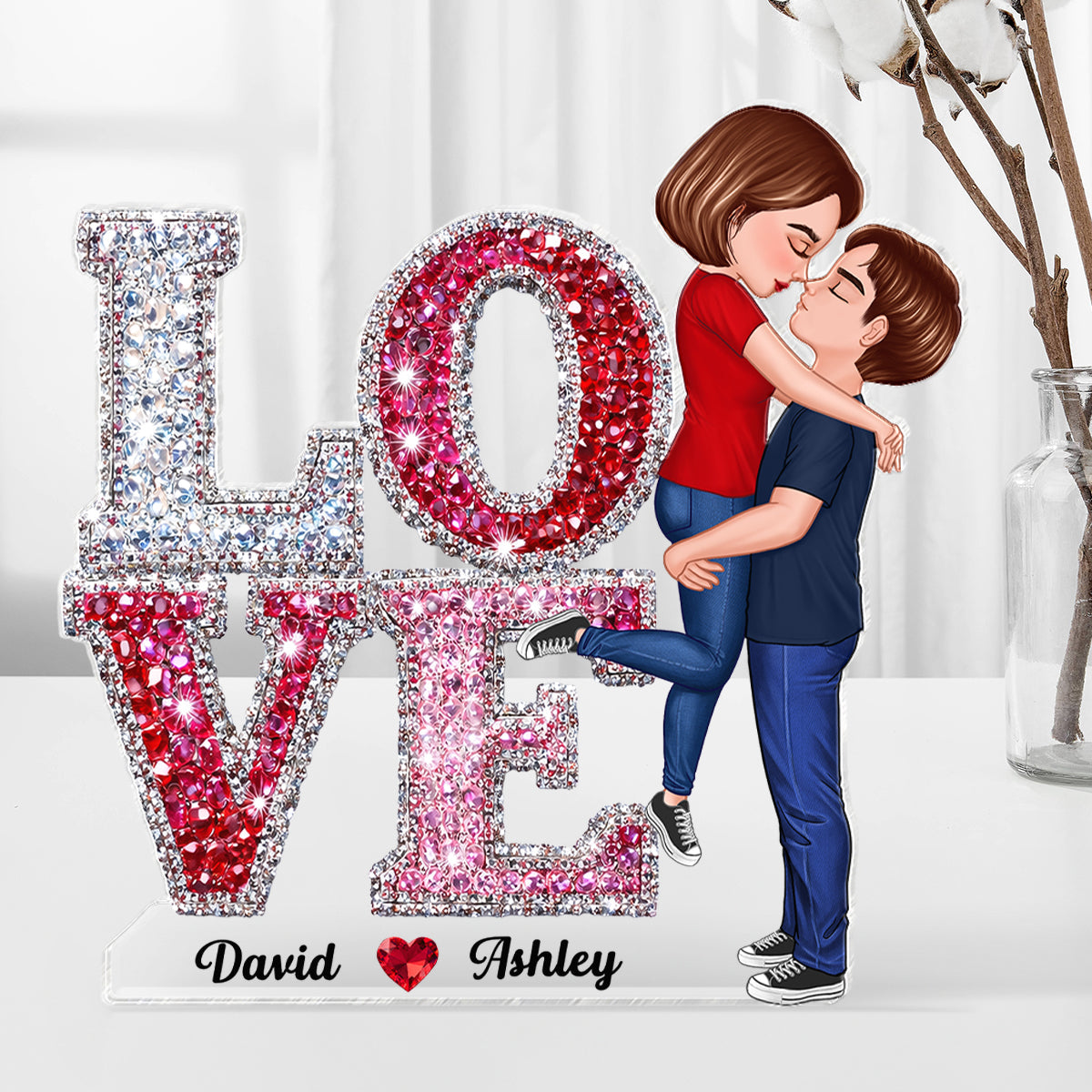 3D Effect Rhinestones Couple Love - Personalized Acrylic Block Plaque - Heartfelt Gift for Her, for Him