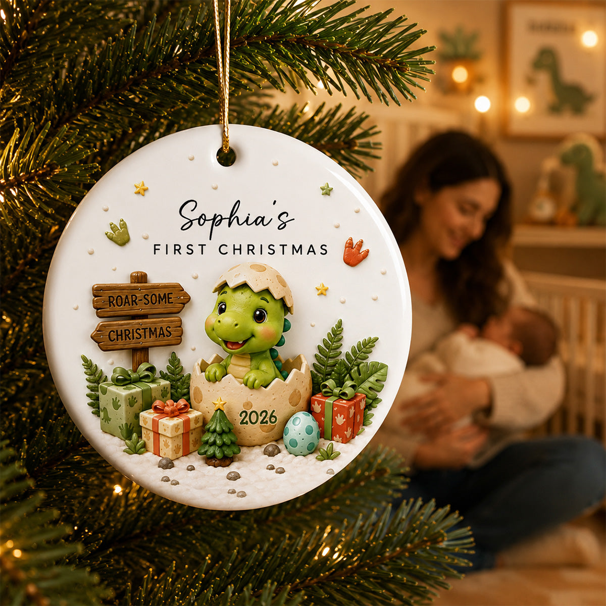 Baby Dinosaur First Christmas 2D Flat - Personalized Ceramic Ornament - Christmas Keepsake