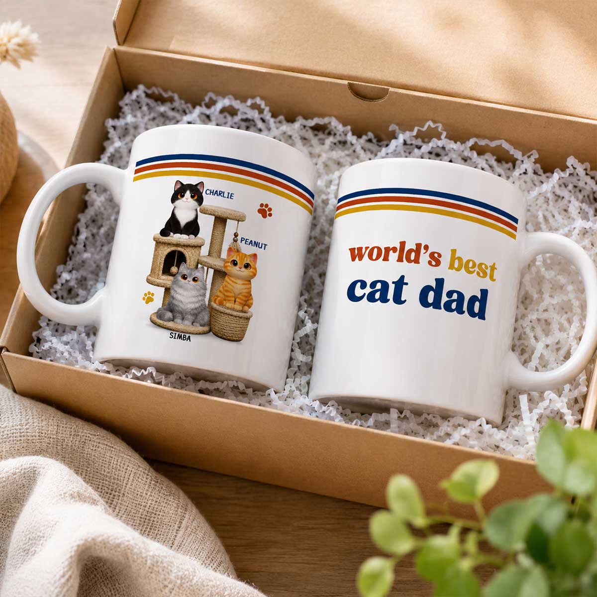 World's Best Cat Dad Retro 70s Style Cat Tree - Personalized Mug - Father's Day Gift For Cat Dad