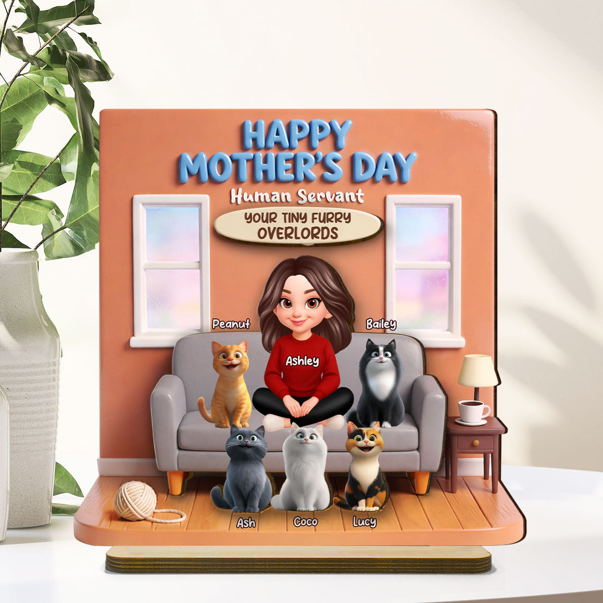 Happy Mother's Day Human Servant - Personalized 2-Layered Wooden Plaque - Gift for Cat Moms