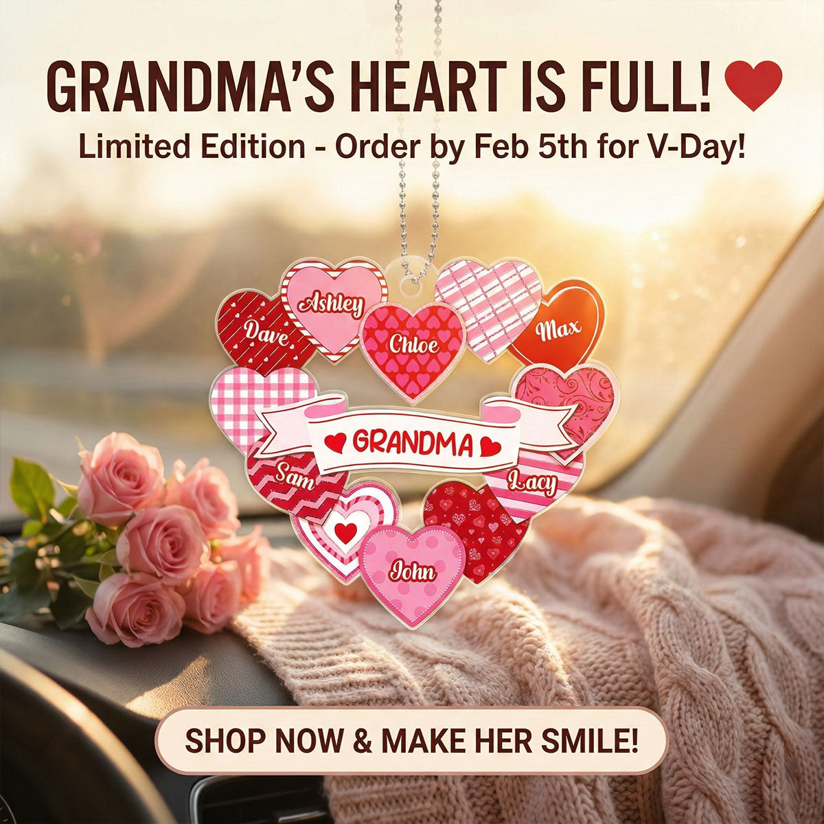 Grandma's Sweethearts Coquette Valentine's Day - Personalized Car Hanger Ornament - Gift For Grandma
