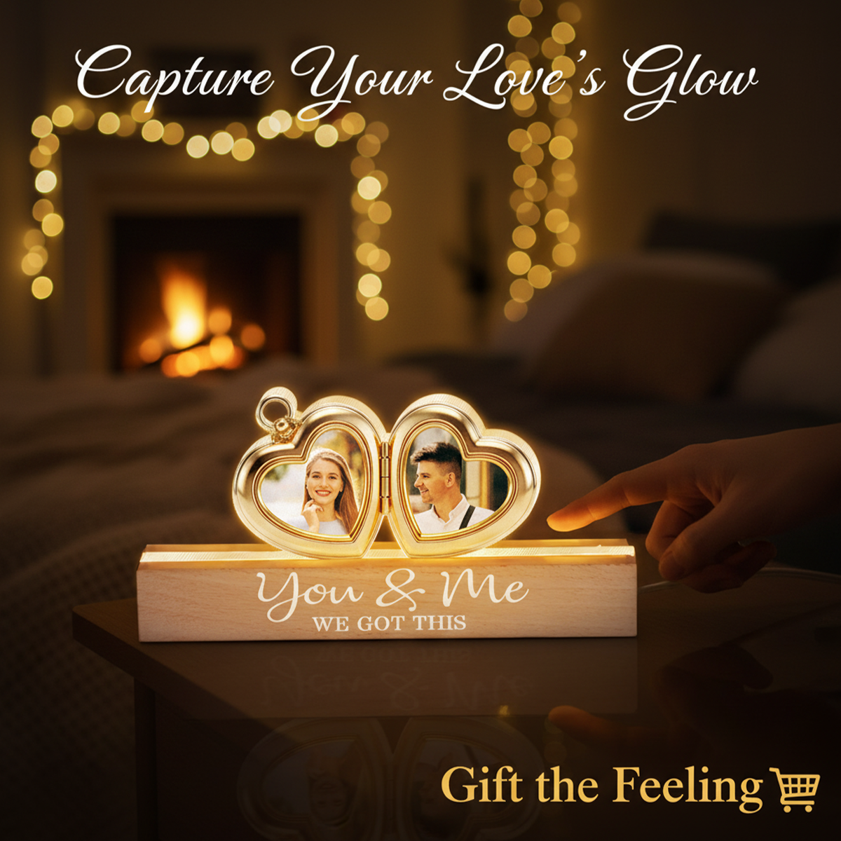 Hearts Locket Couple Photo - Personalized Acrylic Block Plaque LED Night Light - Valentine's Day Gift For Couple