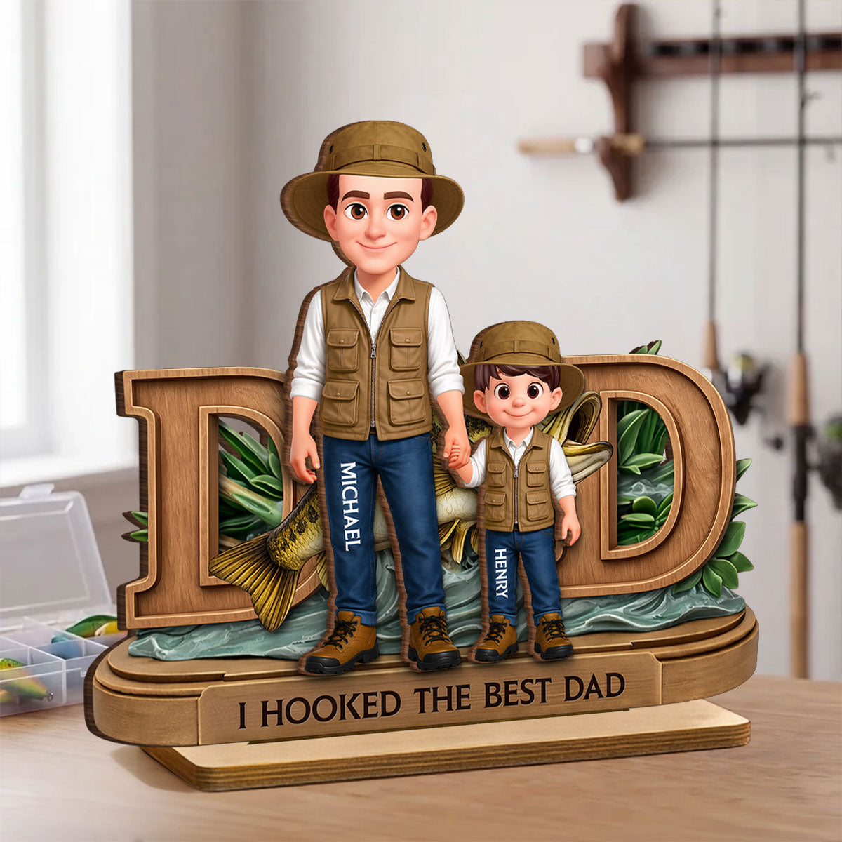 We Hooked The Best Dad Fishing - Personalized 2-Layered Wooden Plaque - Heartfelt Gift For Fishing Dad, Gift For Husband