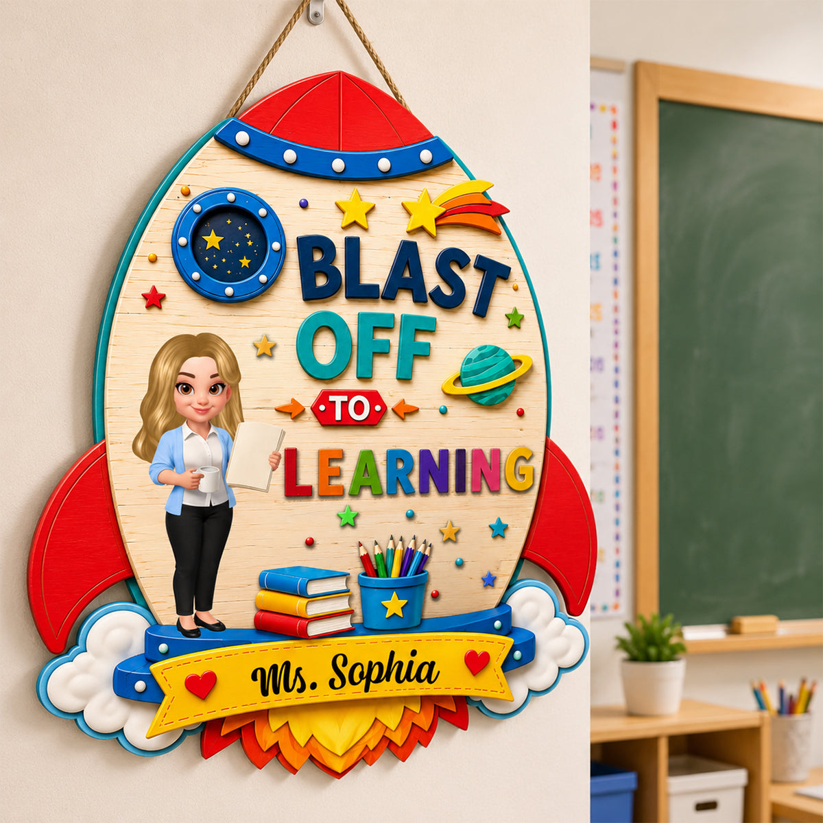 Blast Off To Learning Teacher - Personalized Wood Sign - Back To School Gift For Teacher, Classroom Decor