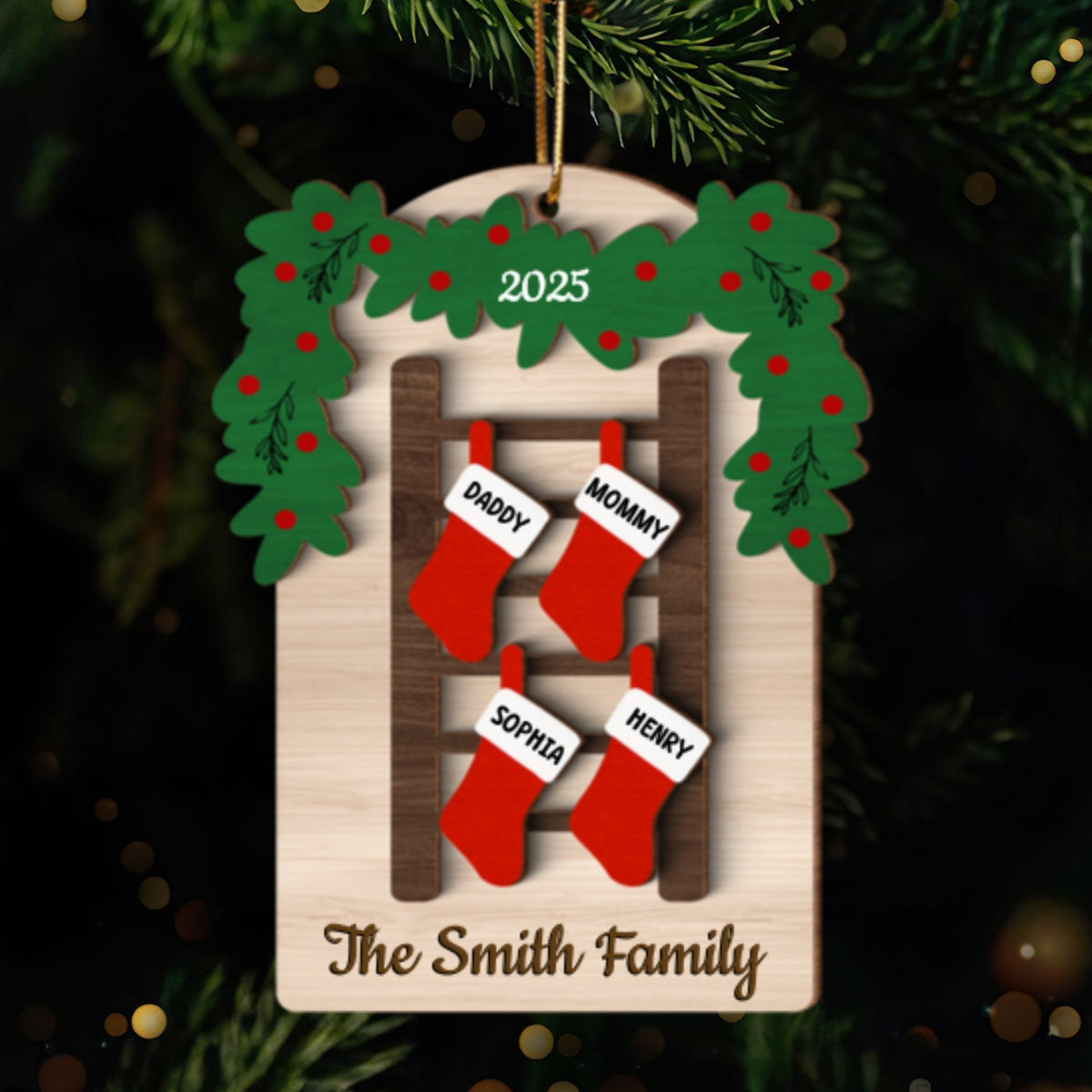 Family Names Ladder Stocking - Persnalized 3-Layered Wooden Ornament - Christmas Gift