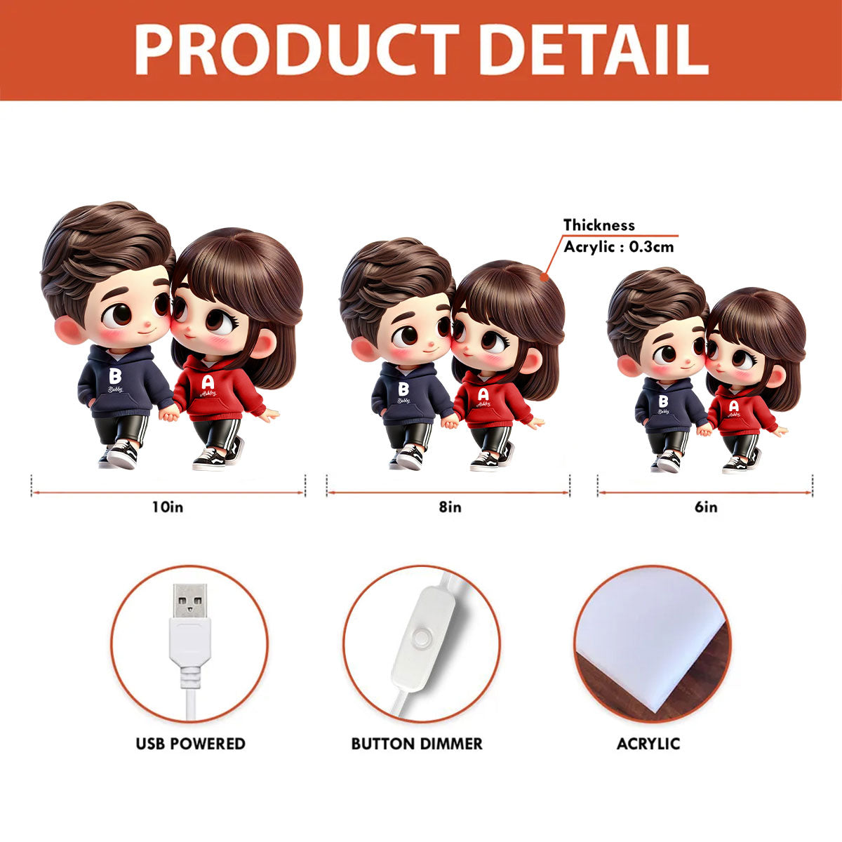 3D Effect Cute Cartoon Couple Holding Hands - Personalized Light Box - Gift for Him, Gift for Her