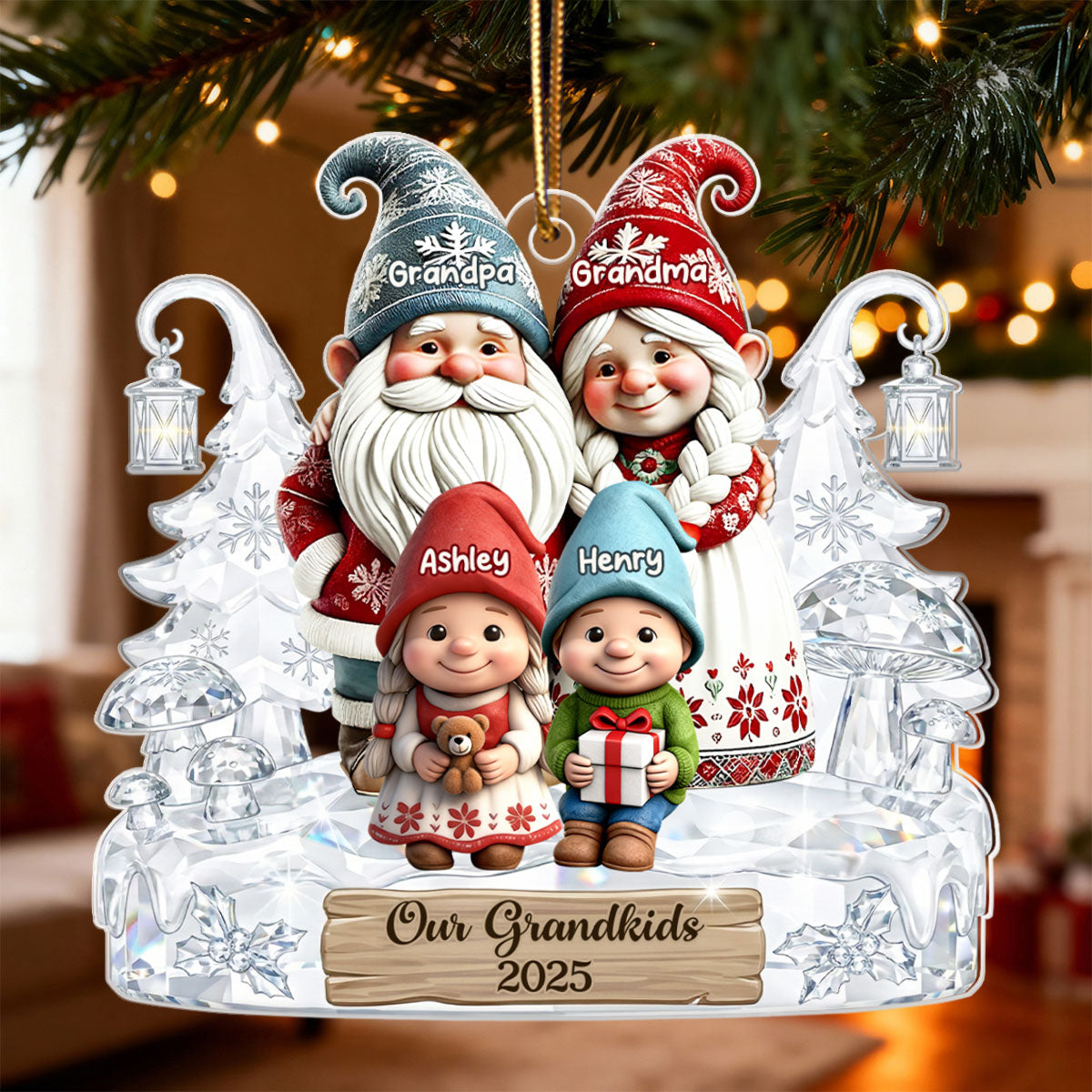 Grandpa Grandma And Grandkids Gnome Crystal Pattern - Personalized Acrylic Ornament - Heartwarming Christmas Gift For Grandma, Grandpa, Family