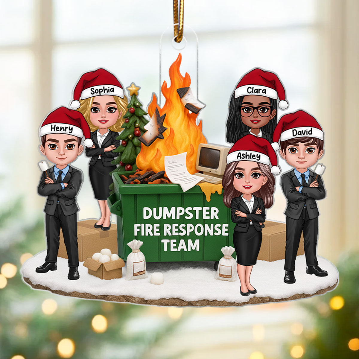 Funny Coworkers Office Chaos Dumpster Fire Response Team - Personalized Acrylic Ornament - Funny Holiday Gift for Coworkers