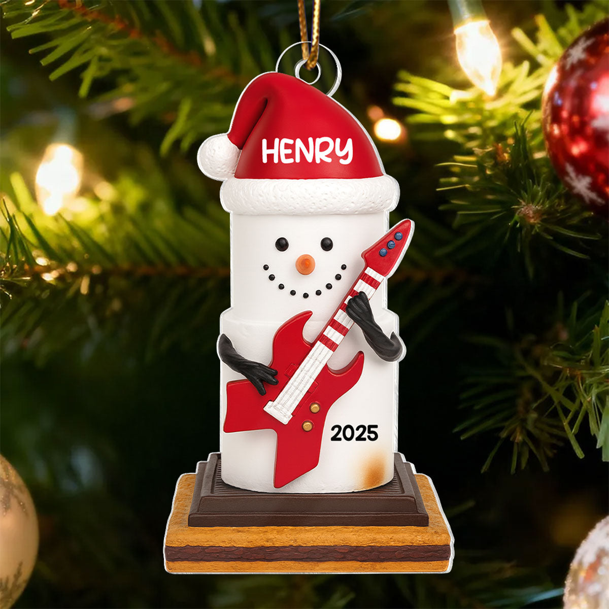 Snow Man Playing Guitar On Chocolate and Cracker - Personalized Acrylic Ornament-  Gift for Guitar Lovers