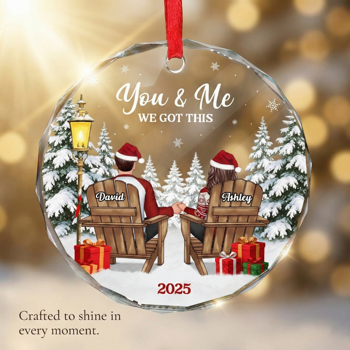 Couple Sitting Winter Landscape - Personalized Glass Ornament - Christmas Gift For Him, For Her, Anniversary Gift