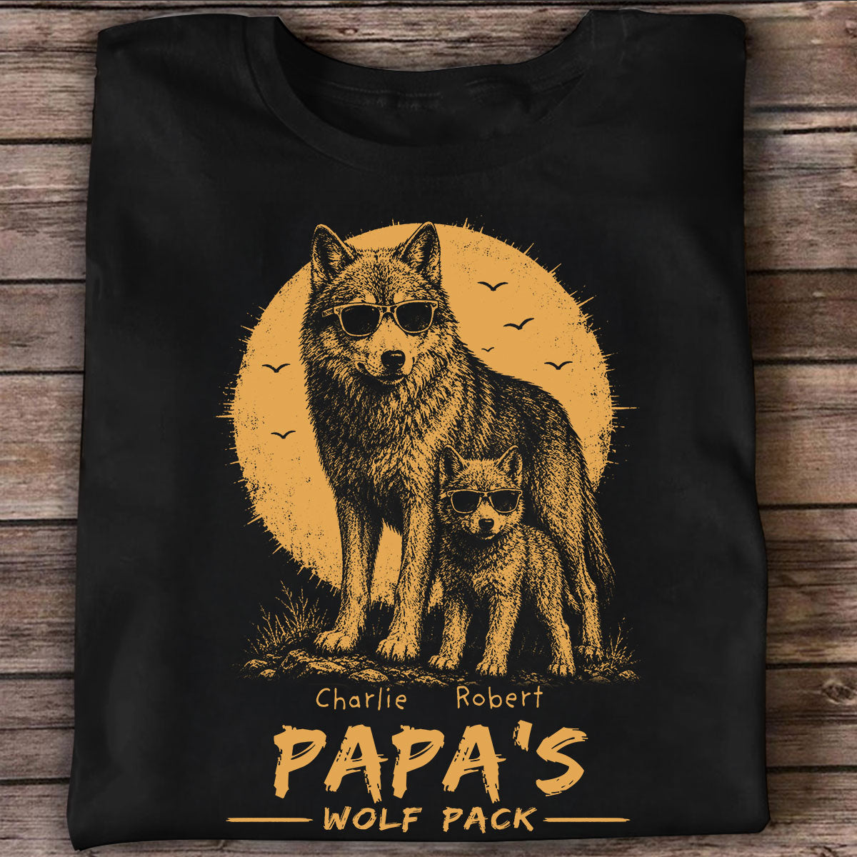 Retro Yellow Vintage Dad Grandpa Papa Wolf Pack - Personalized Shirt - Father's Day Gift For Dad, Husband