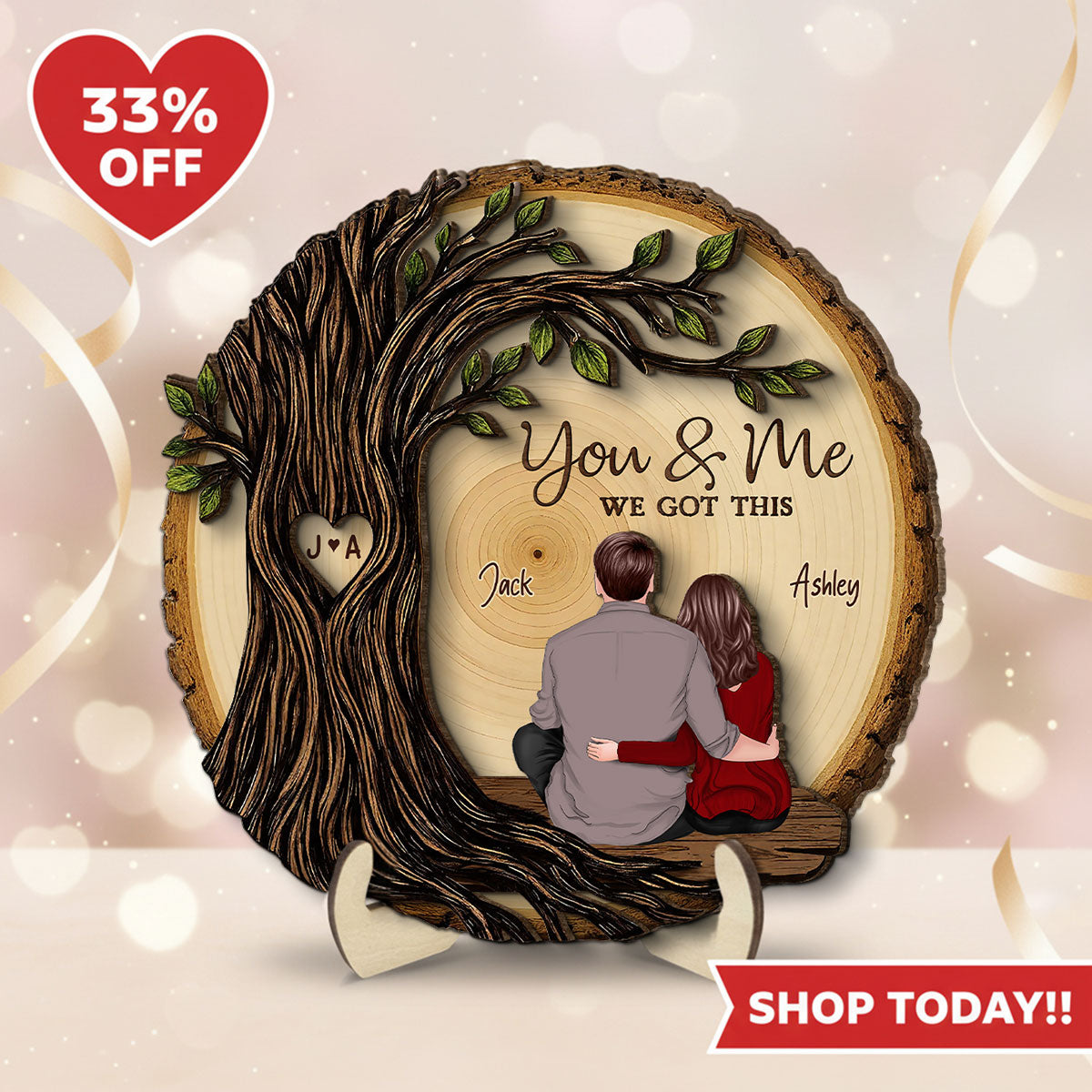 Couple Sitting Back View Under Heart Carved Tree - Personalized 2-Layered Wooden Plaque - Valentine's Day Gift For Couple