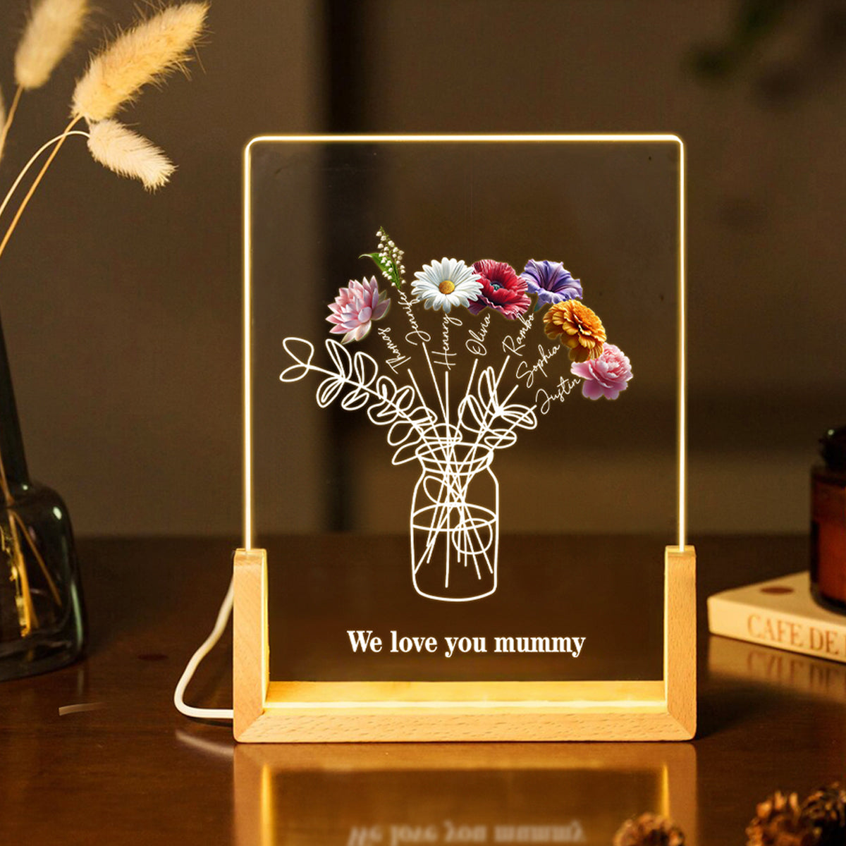 Family Birth Month Flowers Bouquet - Personalized Acrylic Block LED Night Light - Heartfelt Gift For Mom, Grandma