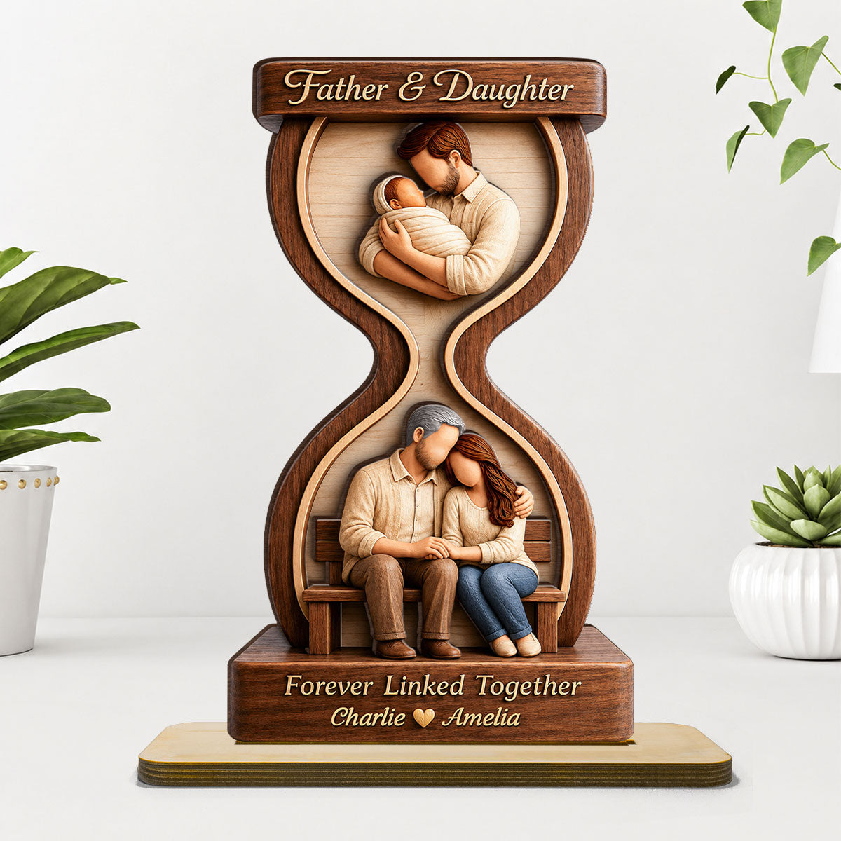 Father & Daughter Forever Linked Together - Personalized 2-Layered Wooden Plaque - Heartfelt Gift For Dad, Husband