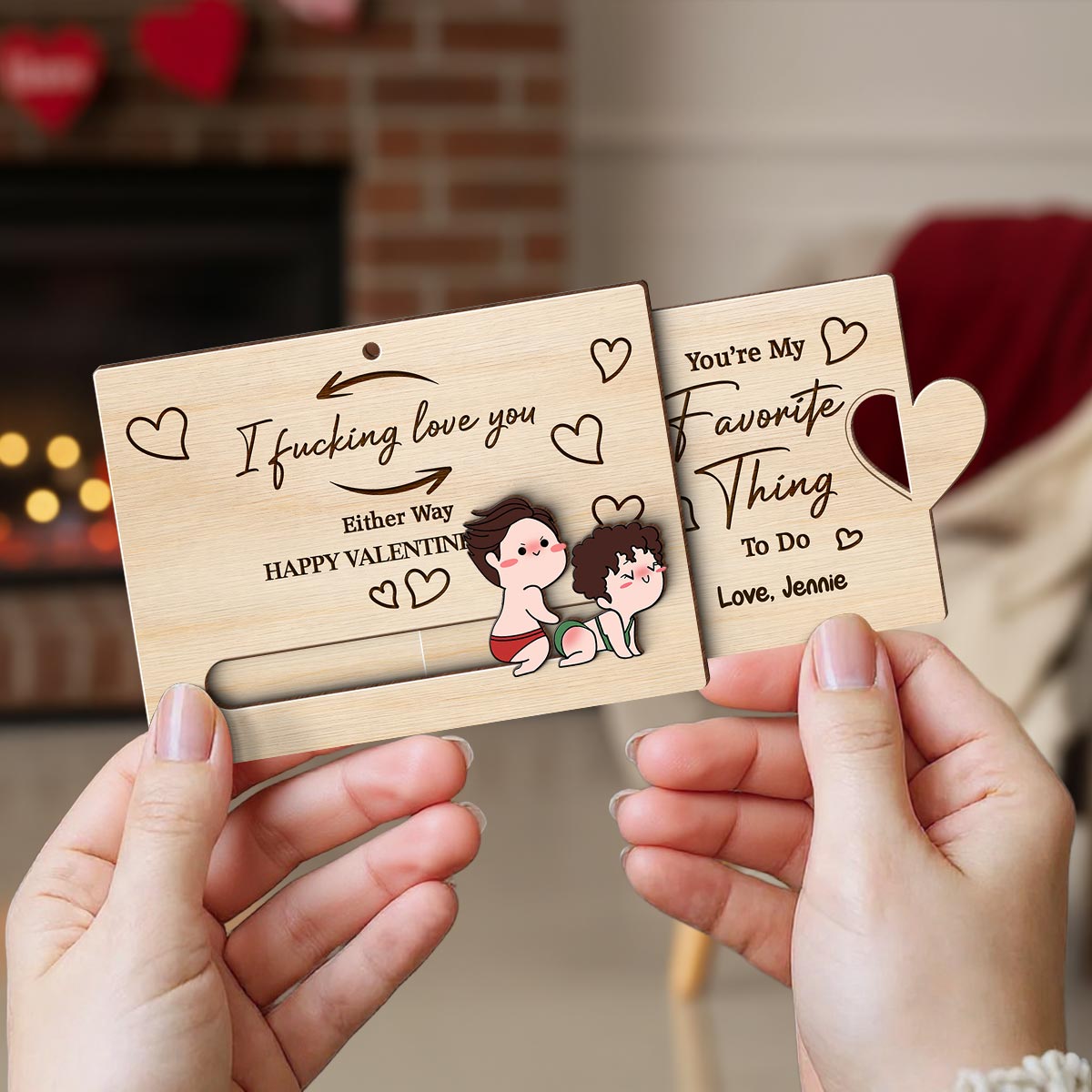 I Fcking Love You Funny Inappropriate Couple Cartoon Style - Personalized Wooden Slider Ornament - Valentine's Day Gift For Him, For Her