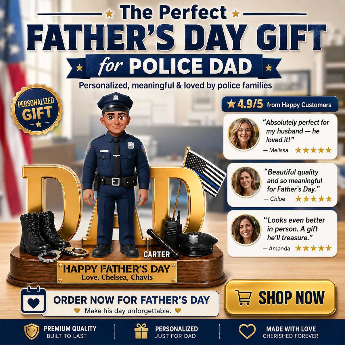 Proud American Police Dad You Are Our Hero Thin Blue Line 2D Flat - Personalized Acrylic Block Plaque -  Gift For Dad