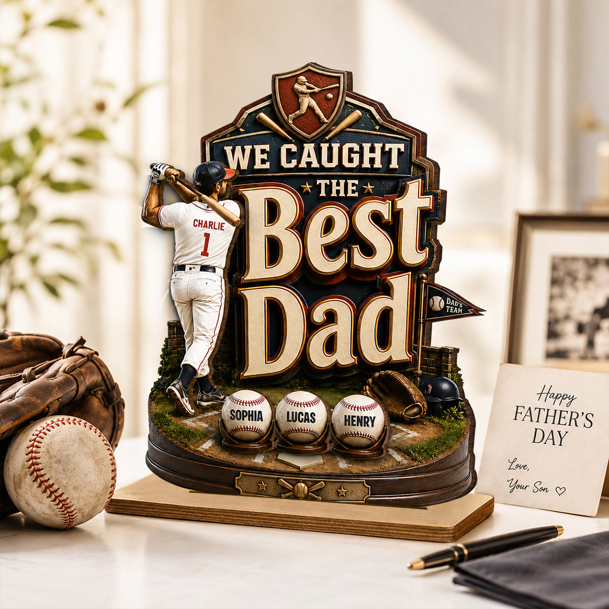Baseball Dad & Kids We Caught The Best Dad - Personalized 2-Layered Wooden Plaque -  Gift For Baseball Dad, Husband