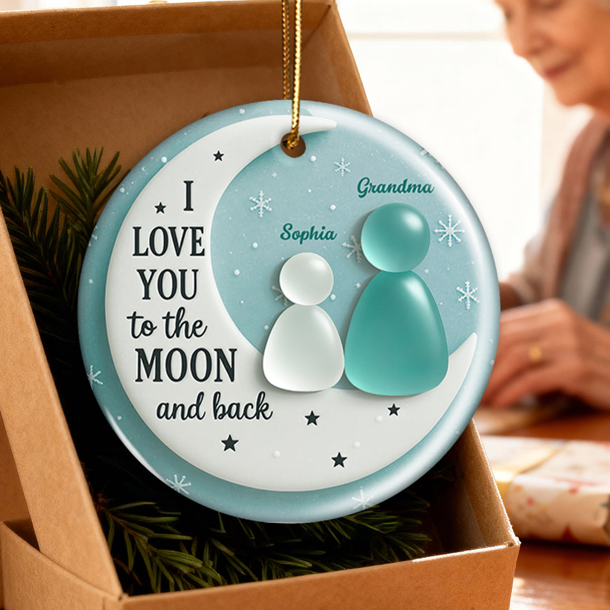 3D Sea Glass Effect Grandma And Grandkid On Moon - Personalized Ceramic Ornament With Acrylic Pieces