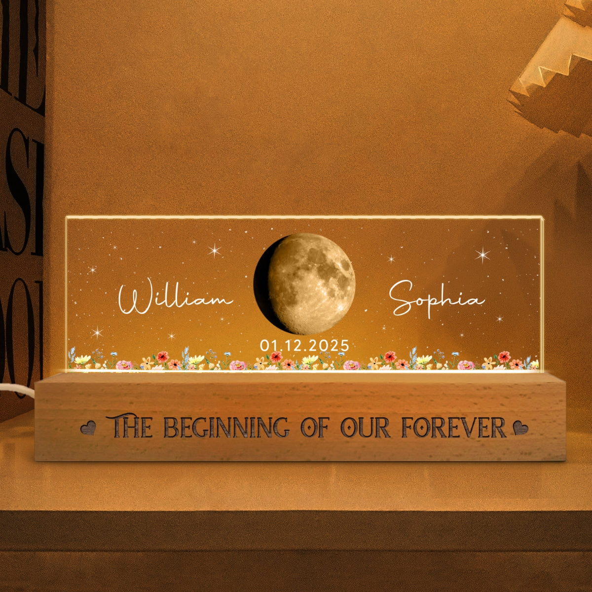 Floral Our Moon Couple Custom Moon Phase Anniversary Date - Personalized Acrylic Block LED Plaque Night Light - Gift For Couple