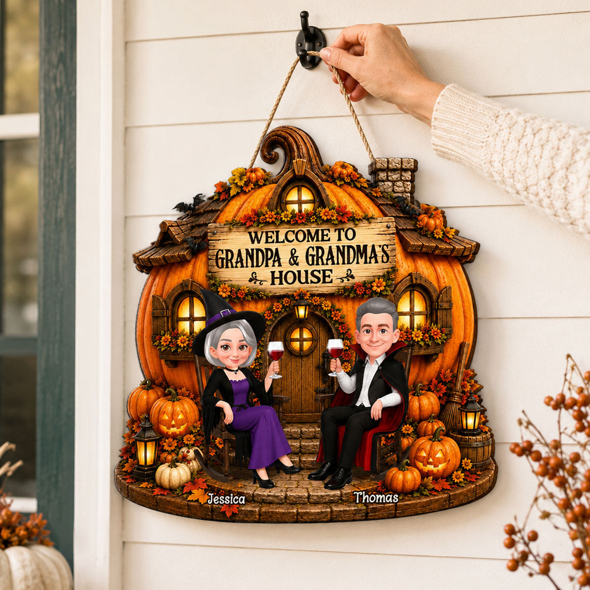 Whimsical Halloween Pumpkin Welcome To Grandma Grandpa House - Personalized Wood Sign - Halloween Decoration For Grandparents