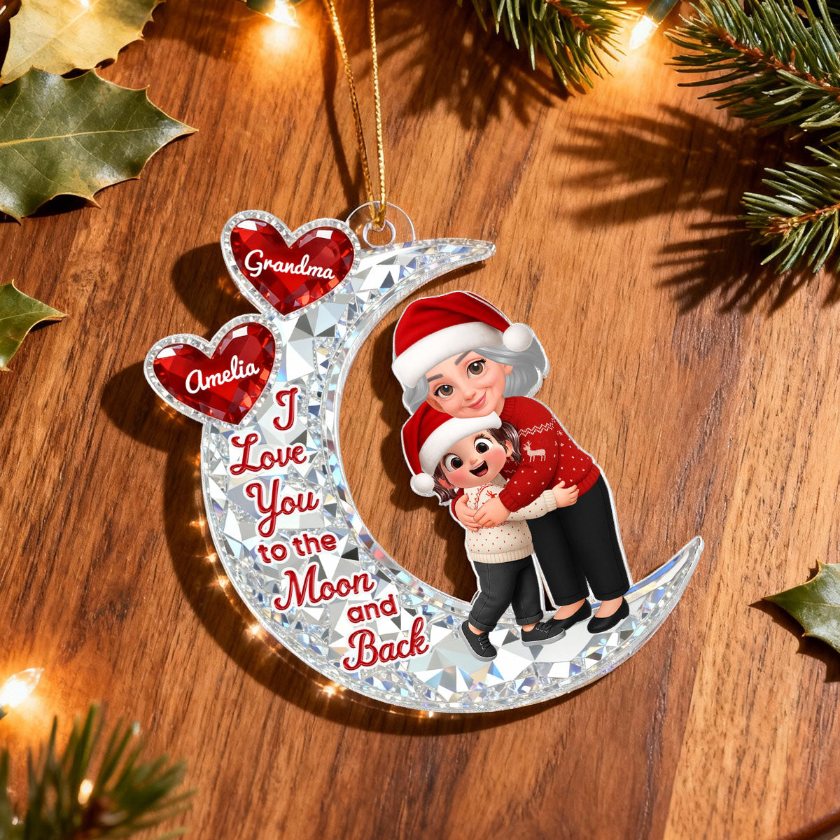 3D Effect Flat Grandma Hugging Grandkid On Moon - Personalized Acrylic Ornament - Gift For Grandma, Grandkids