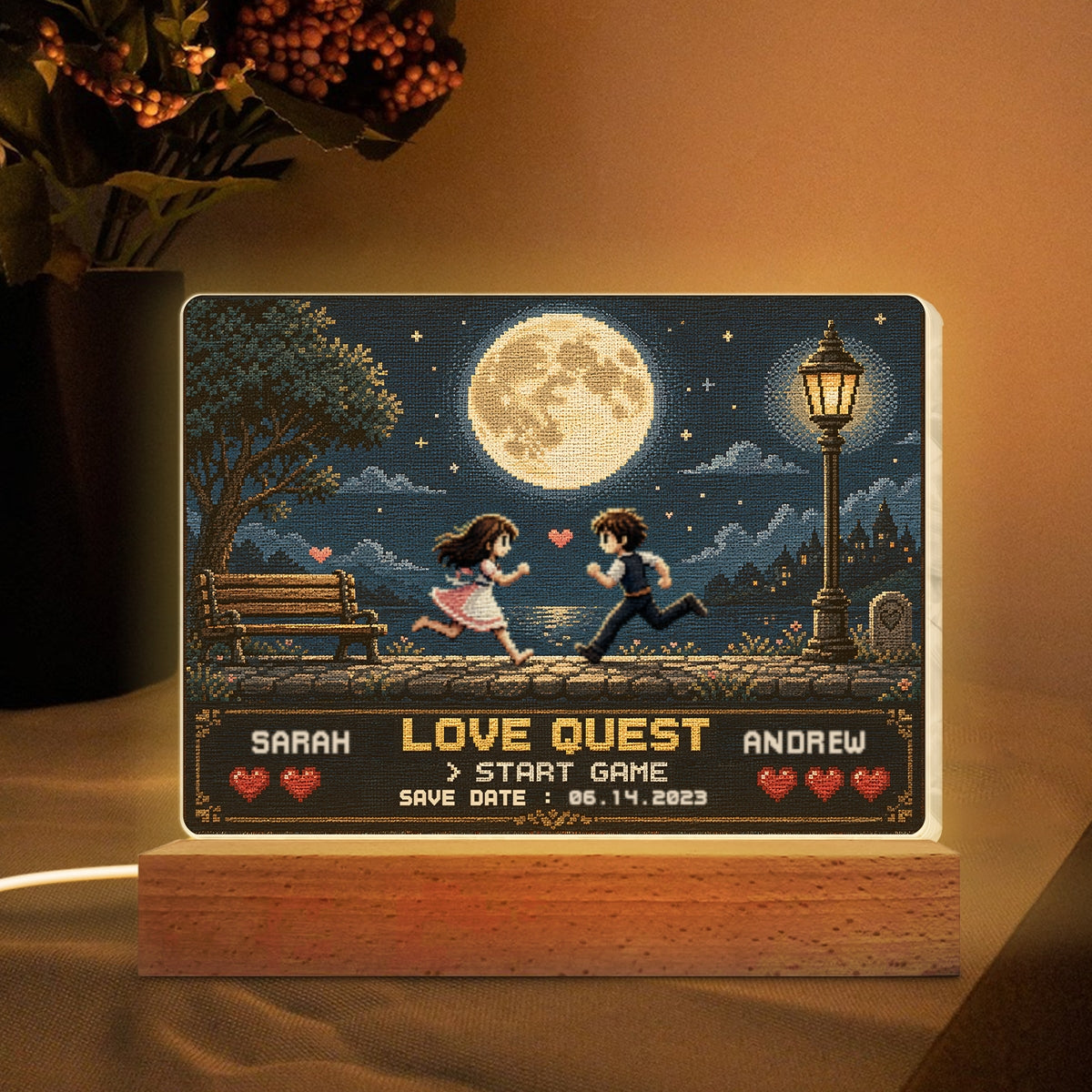 Retro Gamer Couple Love Quest - Personalized Acrylic Block LED Night Light - Anniversary Gift for Him, for Her