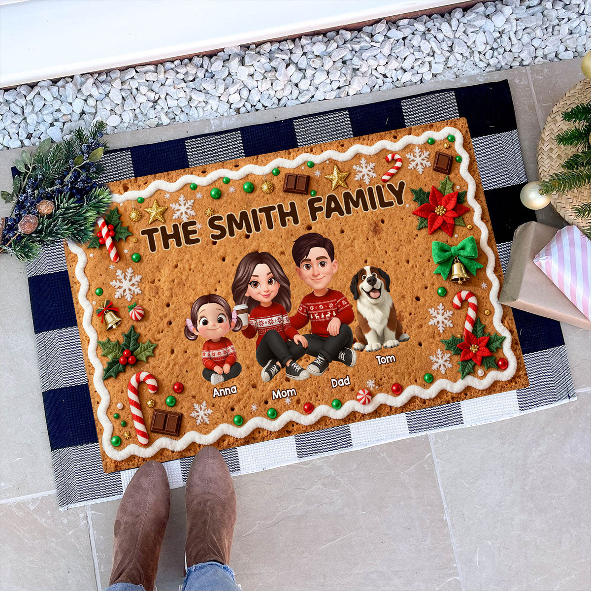 3D Effect Gingerbread Family Together Christmas - Personalized Doormat