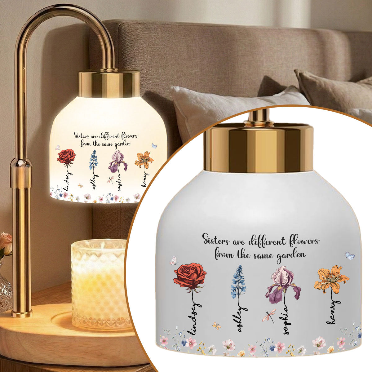 Sisters Are Flowers From Same Garden Custom Birth Month Flowers - Personalized Candler Warmer Lamp - Gift For Sisters, Besties