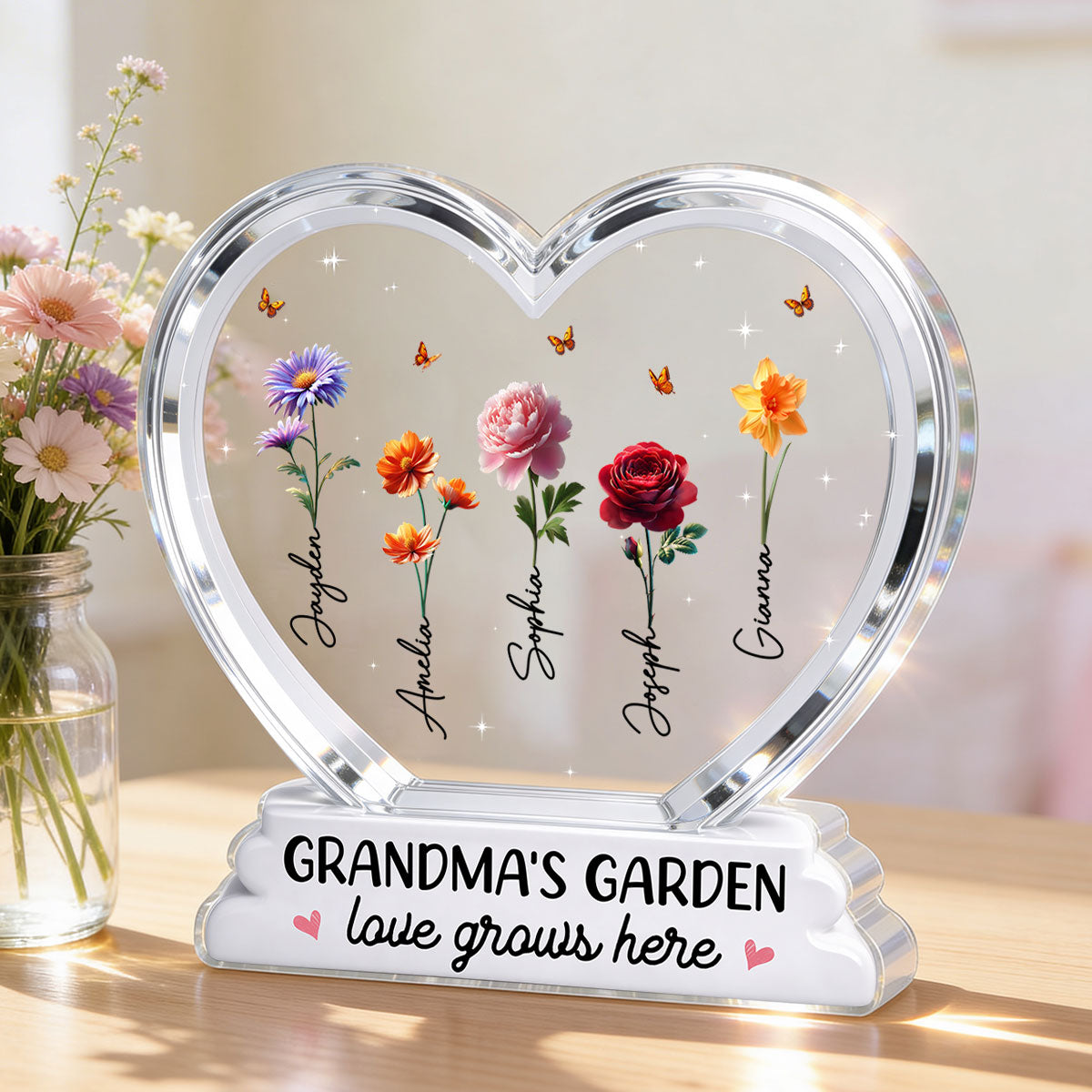 Grandma's Garden Birth Month Flowers In Heart 2D Flat - Personalized Acrylic Block Plaque - Gift For Grandma