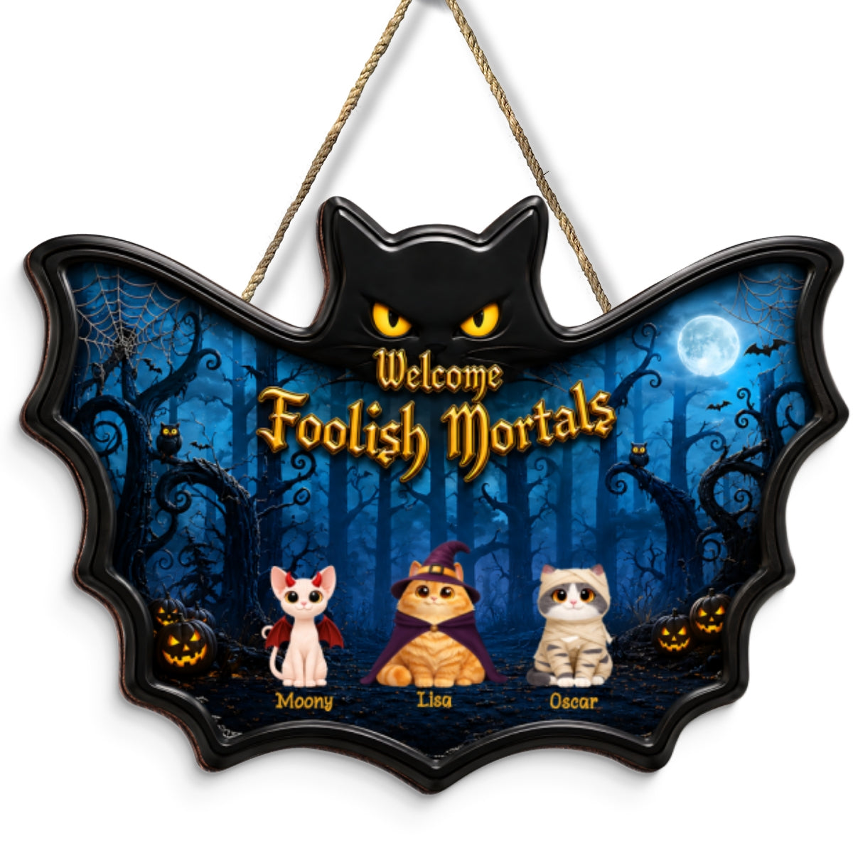 Welcome Foolish Mortals Cats Halloween - Personalized Door Sign - Halloween Decor Gift, Gift For Cat Lovers