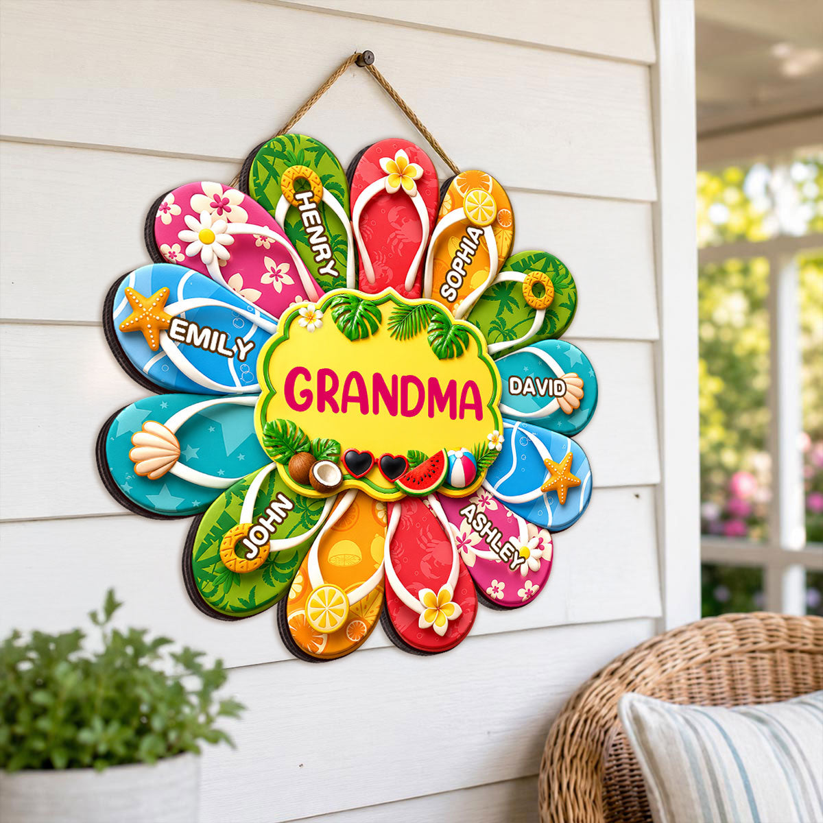 Hello Summer Grandma Flip Flop Custom Grandkids Names - Personalized Wood Sign - Summer Decoration