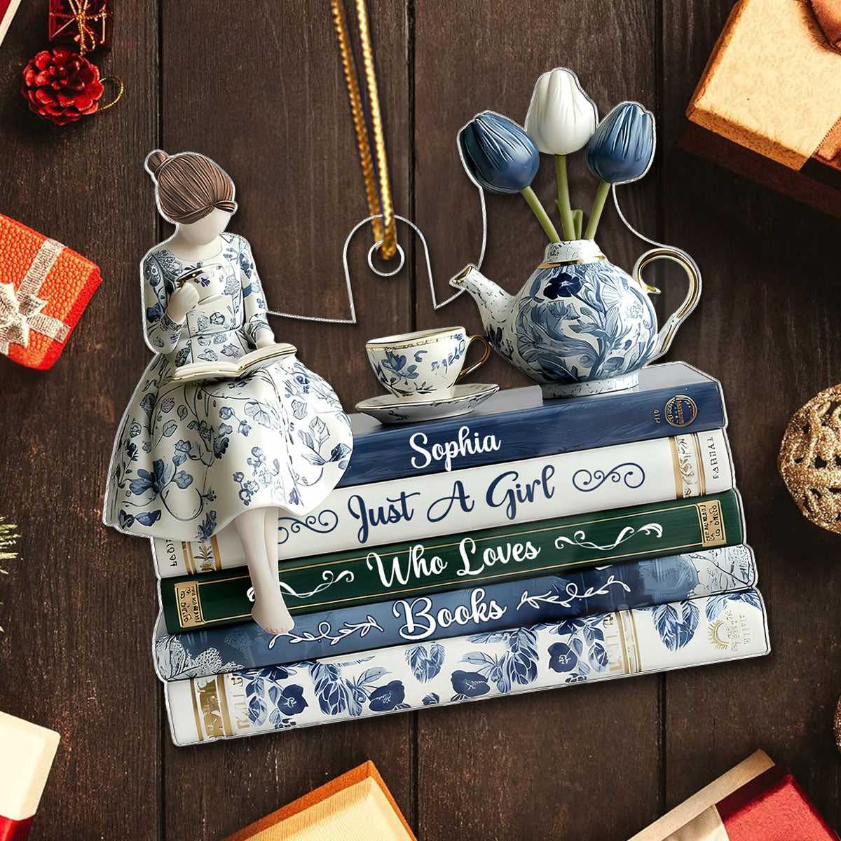 3D Effect Timeless Vintage Toile De Jouy Chinoiserie Pattern Girl Woman Reading Book - Personalized Acrylic Ornament - Gift For Book Lovers