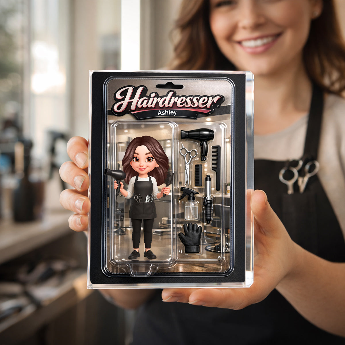 3D Effect Woman Hairdresser Action Figure - Personalized Acrylic Block Plaque - Gift For Hairdressers