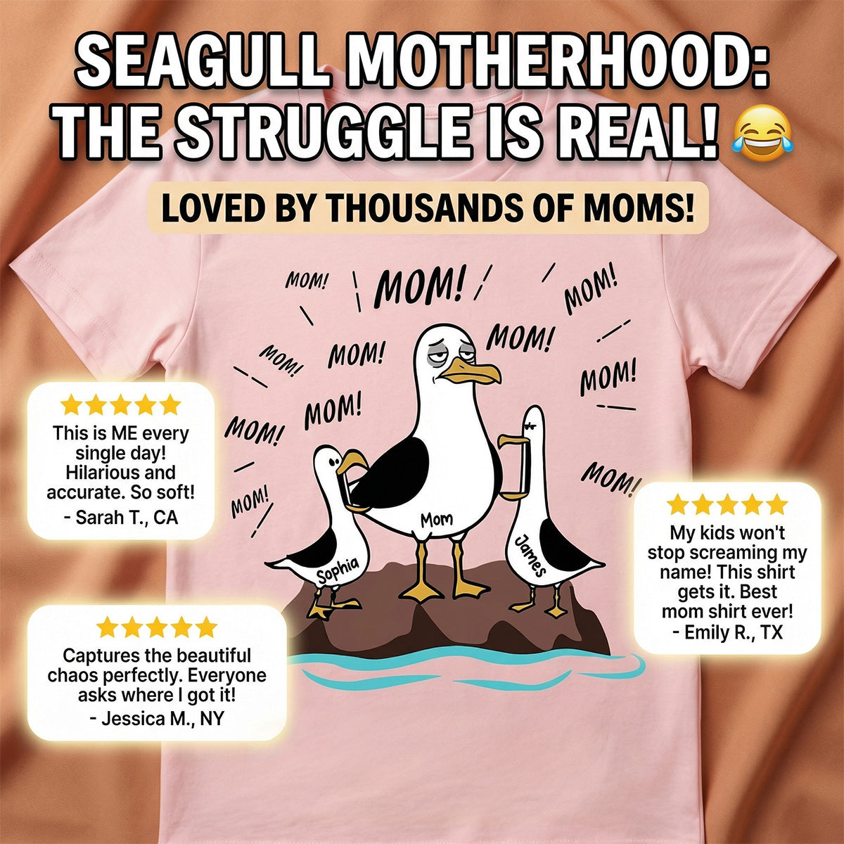 Mom Mom Mom Tired Seagull Mom With Kids - Personalized Shirt - Funny Mother's Day Gift For Mom