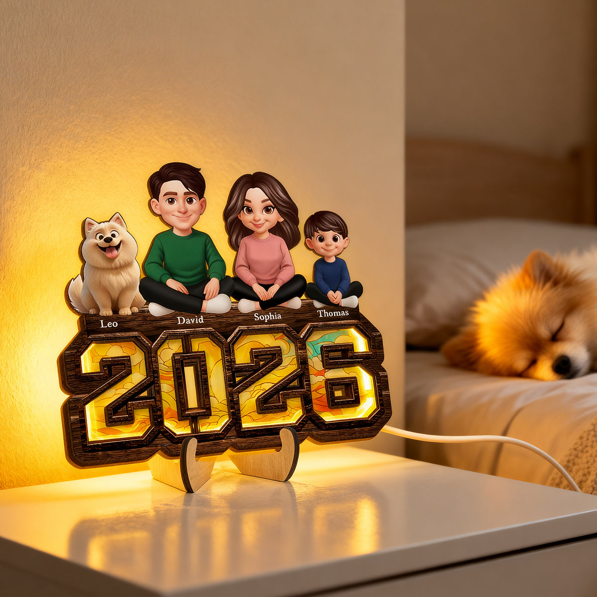 3D Effect Family And Dog Cat - Personalized Wooden Frame With LED - Heartfelt Gift For Mom, Dad