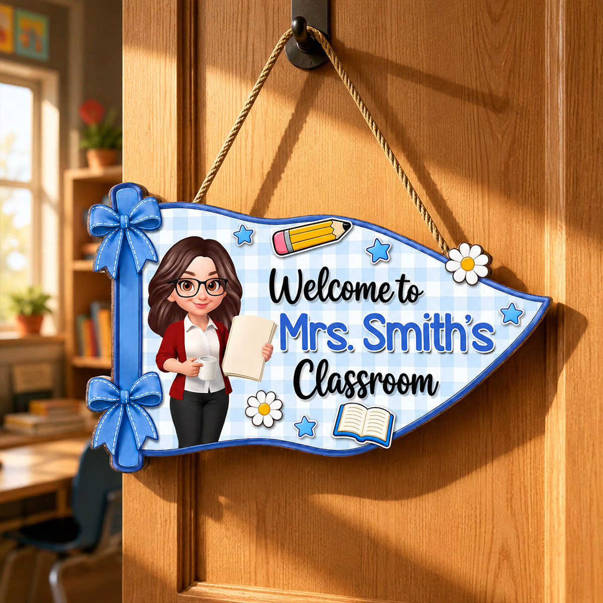 Welcome To Teacher Classroom Pennant Flag Shaped - Personalized Wood Sign