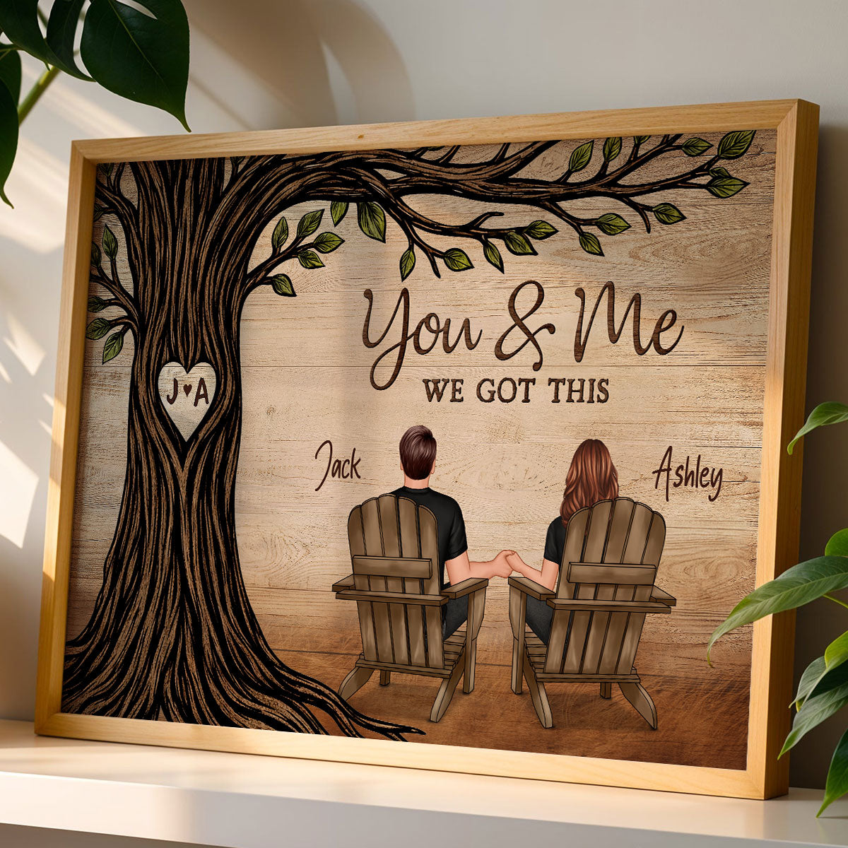 Couple Sitting Under Heart Carved Tree - Personalized Poster - Valentine's Day Gift For Couple