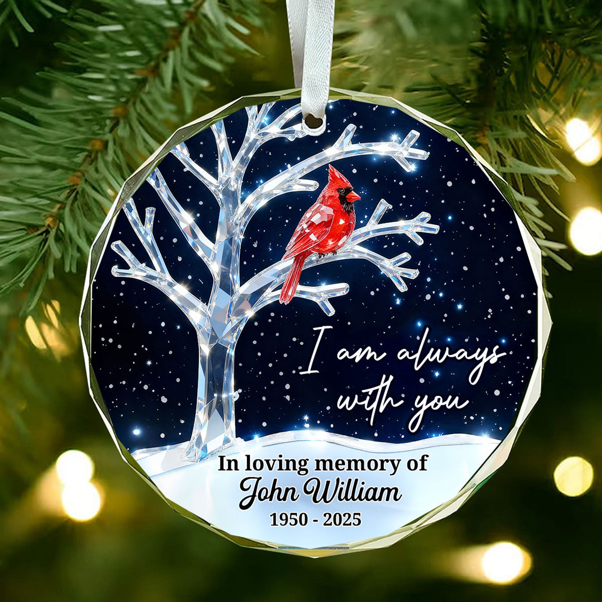 3D Crystal Effect Memorial Winter Tree Cardinals - Personalized Glass Ornament - Remembrance Gift, Sympathy Gift
