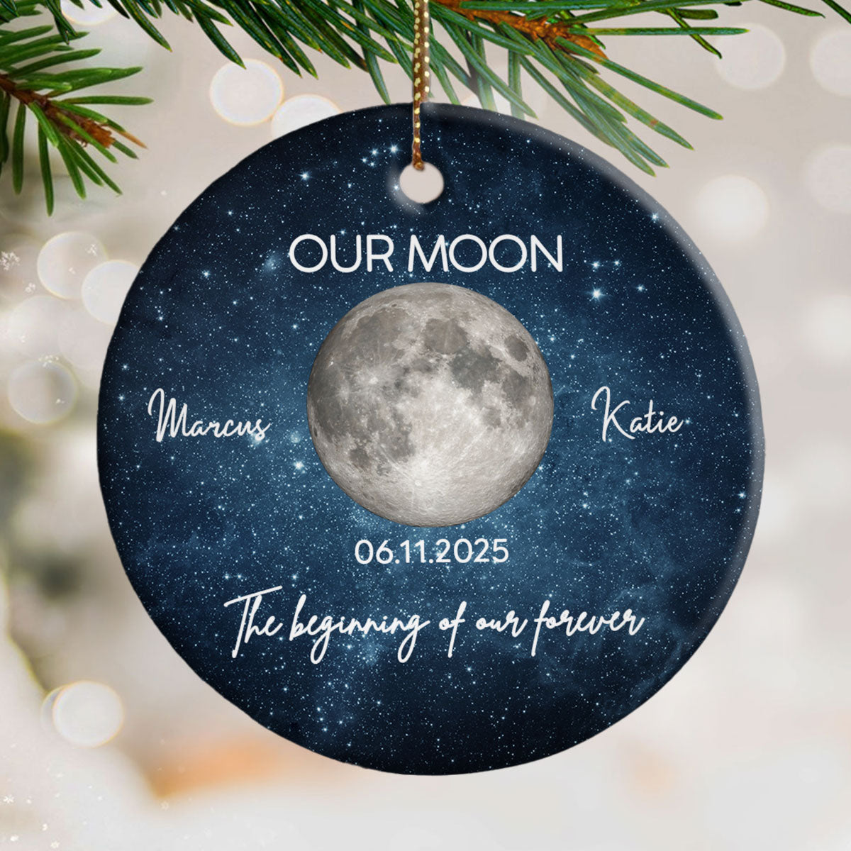 Moon Phase Couple The Beginning Of Our Forever - Personalized Ceramic Ornament - Gift For Couple