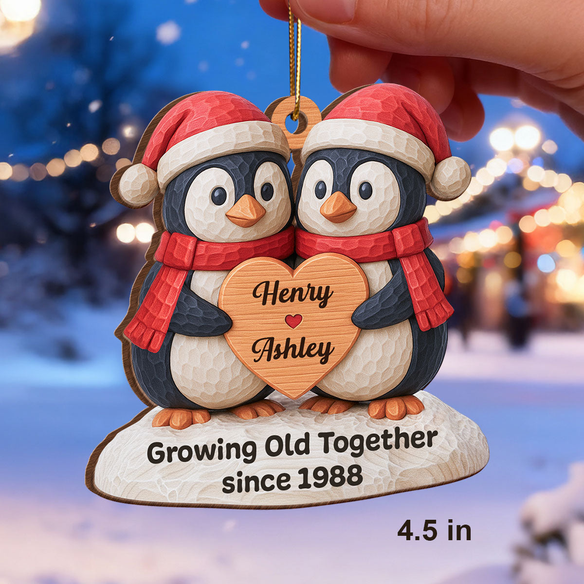 Christmas Penguin Couple - Personalized Wooden Ornament - Christmas Gift for Couple