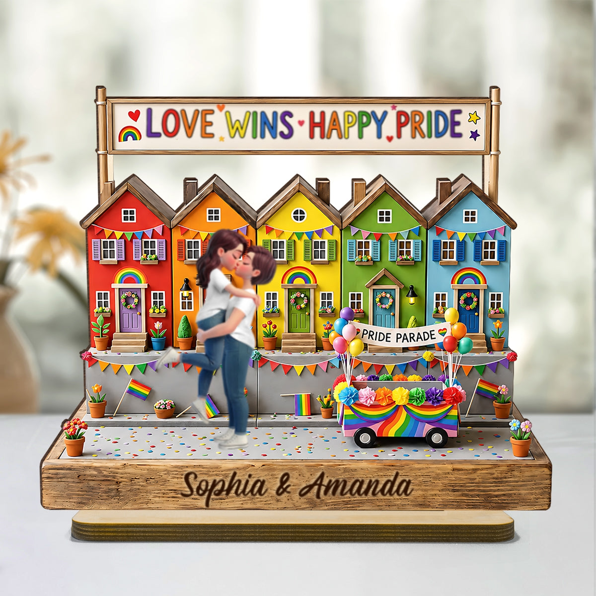 Love Wins LGBT+ Couple - Personalized 2-Layered Wooden Plaque - Gift For Couple, Happy Pride Month