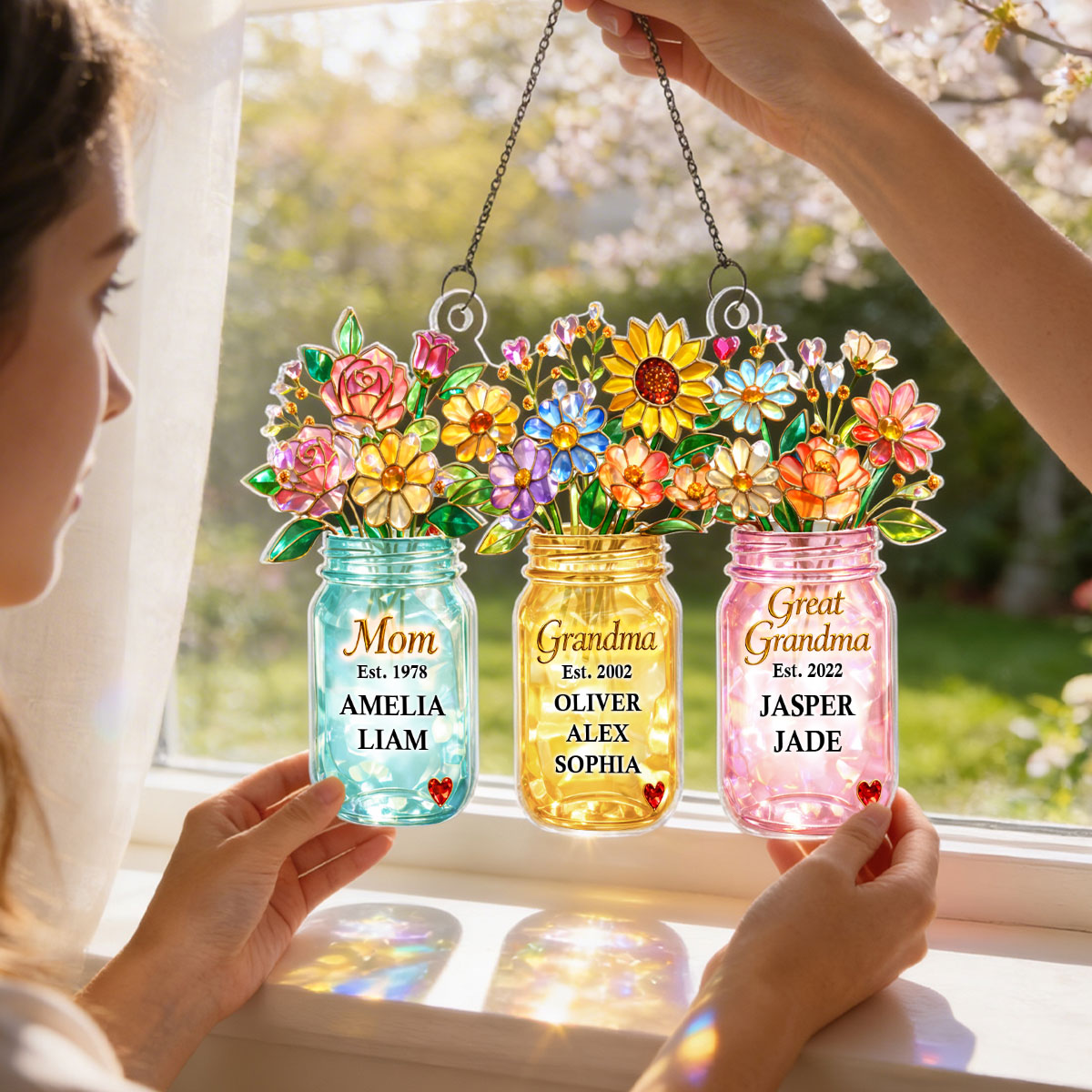 Mom Grandma Greatgrandma Flower - Personalized Suncatcher - Heartfelt Gift for Mom, Grandma