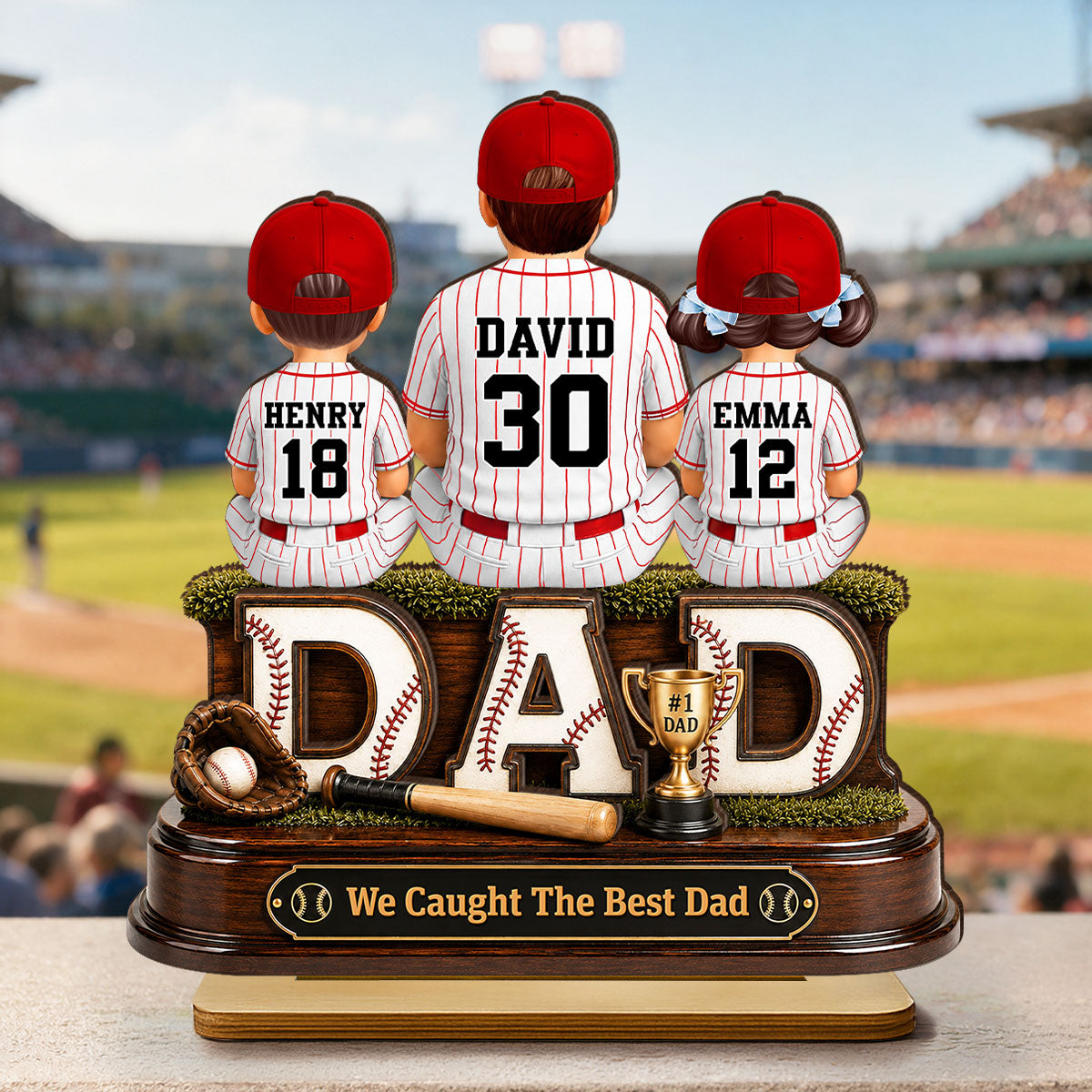 Baseball Dad and Children We Caught the Best Dad - Personalized 2-Layered Wooden Plaque -  Gift for Dad, Husband
