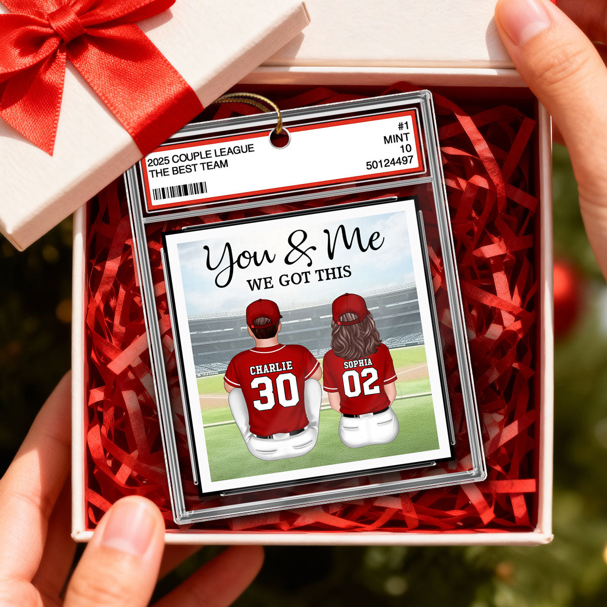 Baseball Couple Sitting Back View Trading Card Style - Personalized Acrylic Ornament